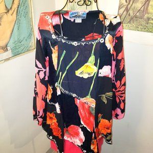 Black Flora Giant Floral-Print Bohemian Tunic TopTienda Ho Free Size Rare